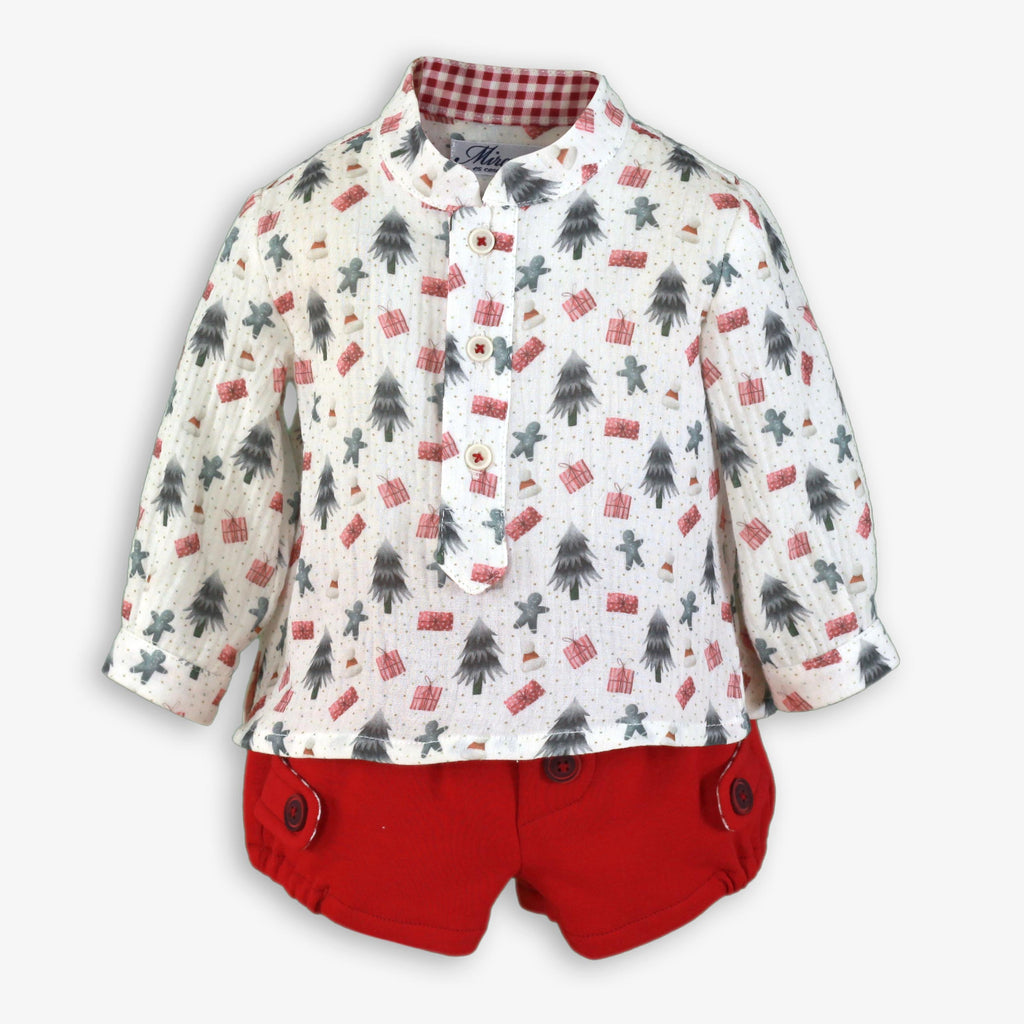 Baby Boy Christmas Tree & Present Print Shirt with Red Shorts Set