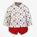 Baby Boy Christmas Tree & Present Print Shirt with Red Shorts Set