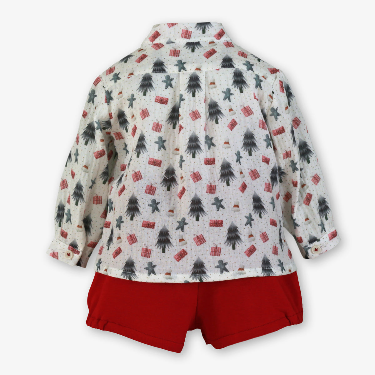 Baby Boy Christmas Tree & Present Print Shirt with Red Shorts Set