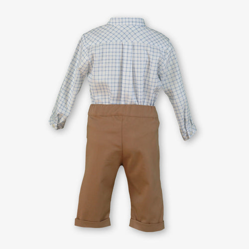 Baby Boy Blue Windowpane Grid Shirt & Camel Trousers Set