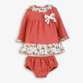 Coral Raccoon & Floral Print Muslin Dress & Bloomer Set