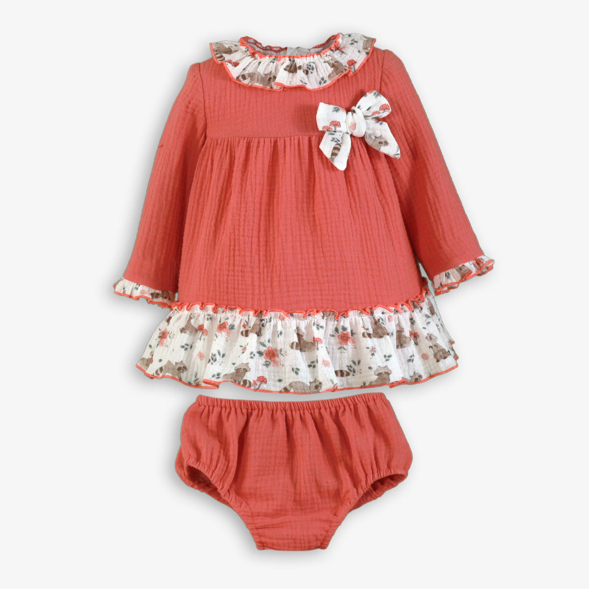 Coral Raccoon & Floral Print Muslin Dress & Bloomer Set