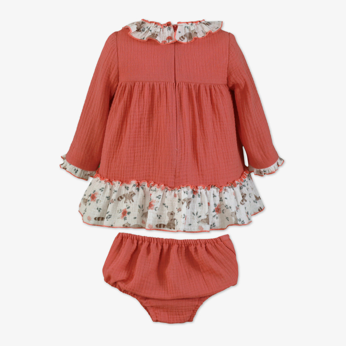 Coral Raccoon & Floral Print Muslin Dress & Bloomer Set