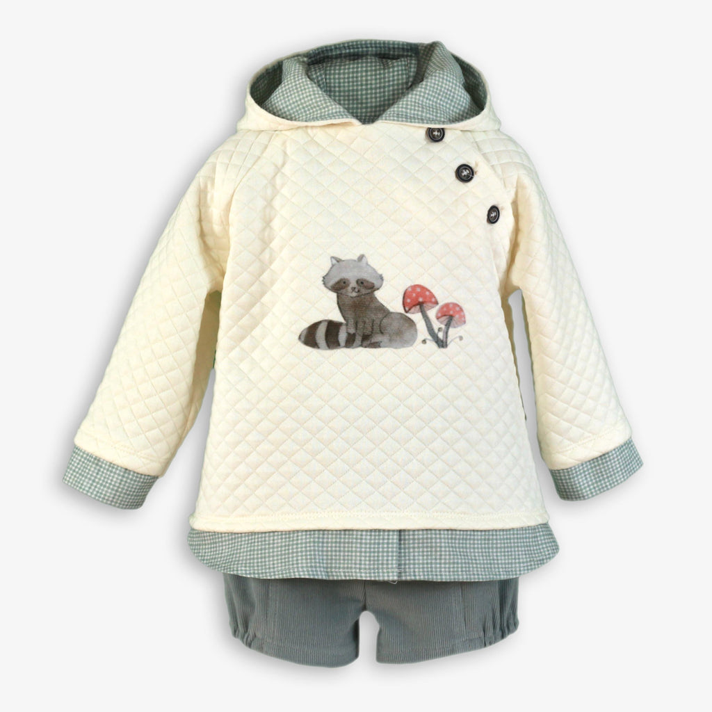 Baby Boy Cream Quilted Raccoon Hoodie & Sage Corduroy Shorts Set