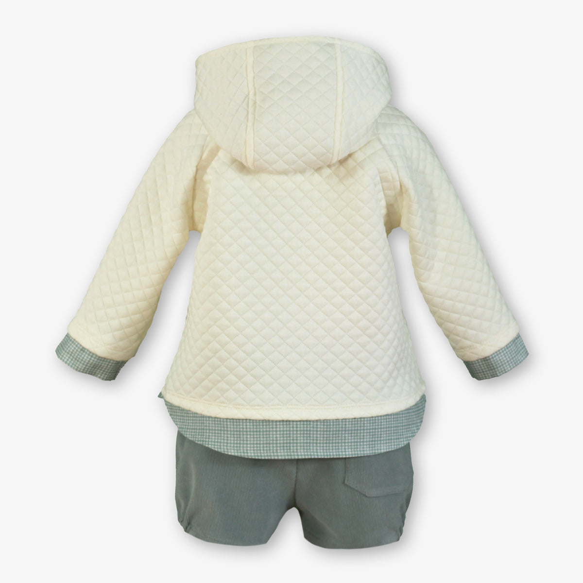 Baby Boy Cream Quilted Raccoon Hoodie & Sage Corduroy Shorts Set