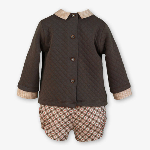Baby Boy Brown Quilted Teddy Bear Top & Geometric Print Bloomers Set