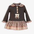 Brown Quilted Knit Baby Dress with Embroidered Teddy Bear & Tiered Ruffle Skirt