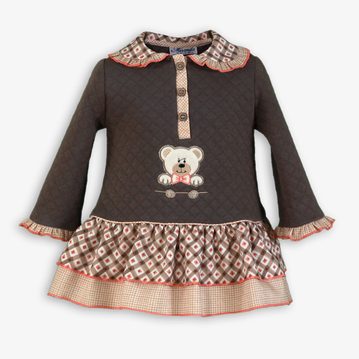 Brown Quilted Knit Baby Dress with Embroidered Teddy Bear & Tiered Ruffle Skirt