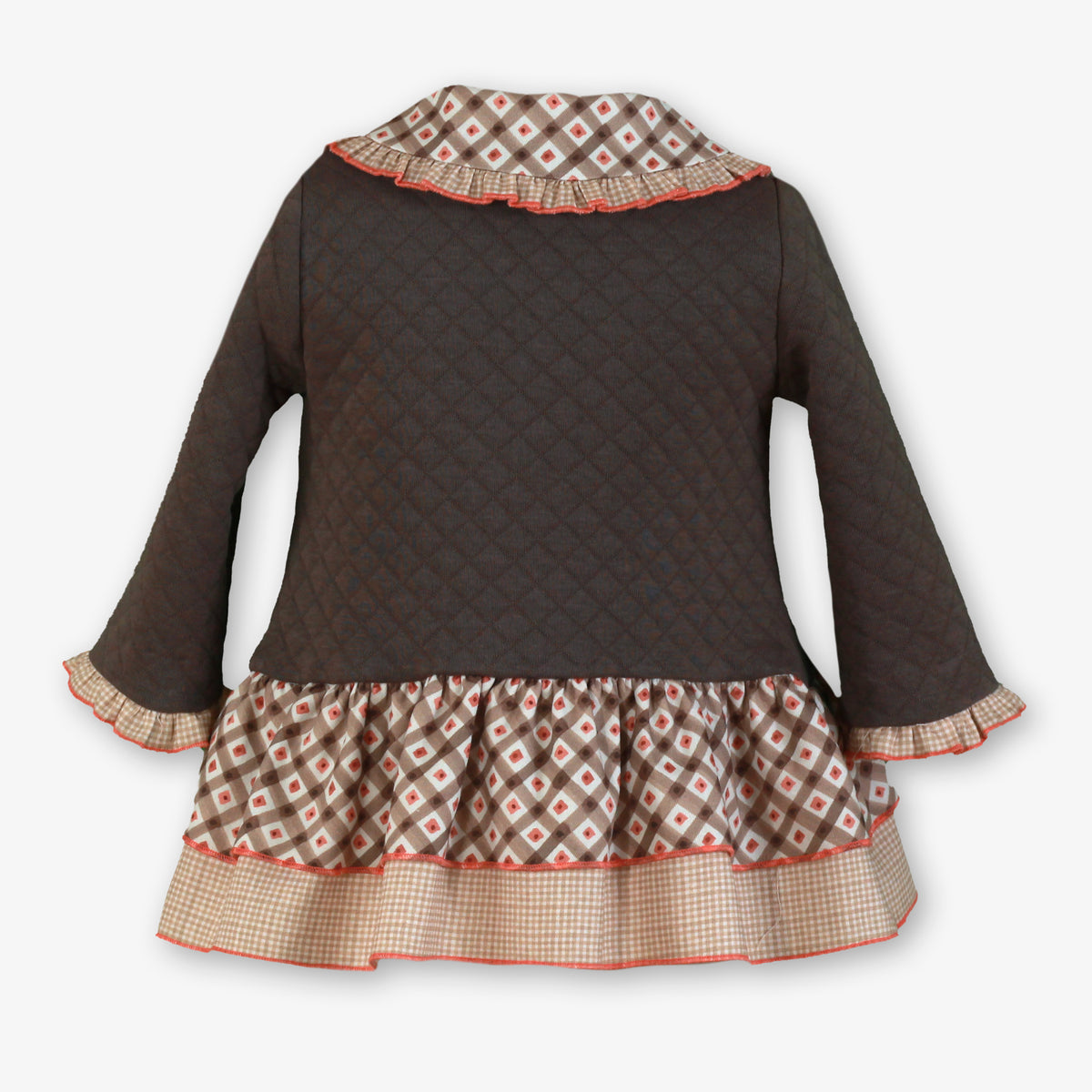 Brown Quilted Knit Baby Dress with Embroidered Teddy Bear & Tiered Ruffle Skirt