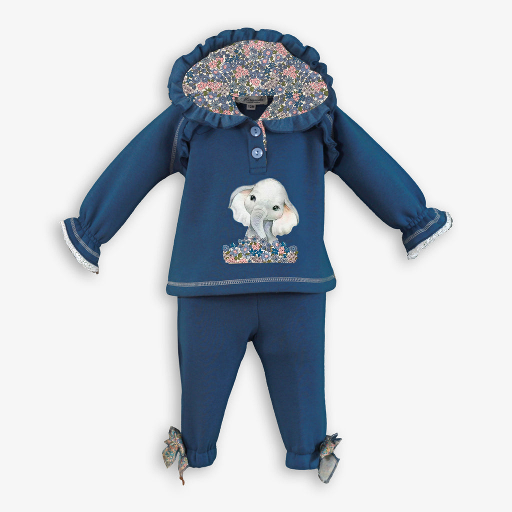 Navy Elephant Hoodie & Pants Set with Floral Hood for Girls