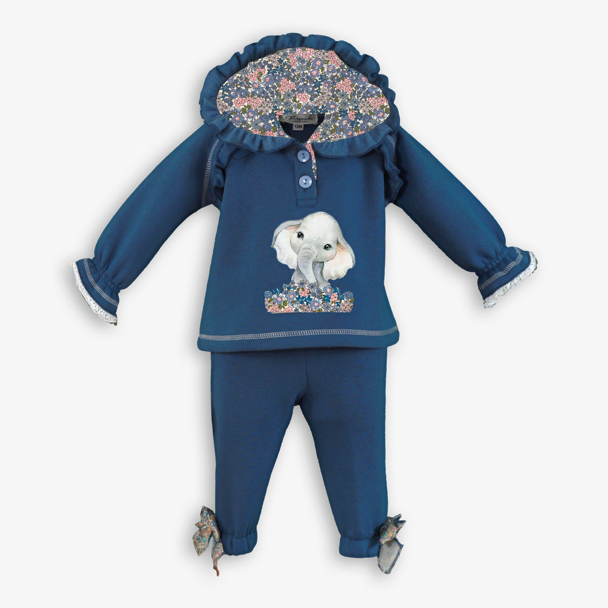 Navy Elephant Hoodie & Pants Set with Floral Hood for Girls
