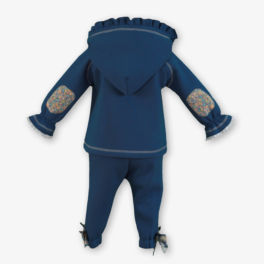 Navy Elephant Hoodie & Pants Set with Floral Hood for Girls