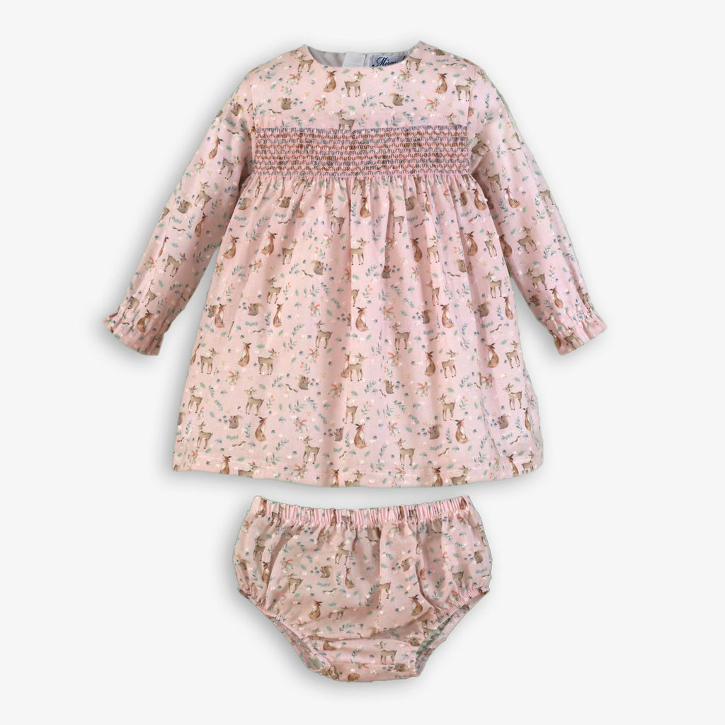 Pink Woodland Deer Print Smocked Dress & Bloomer Set