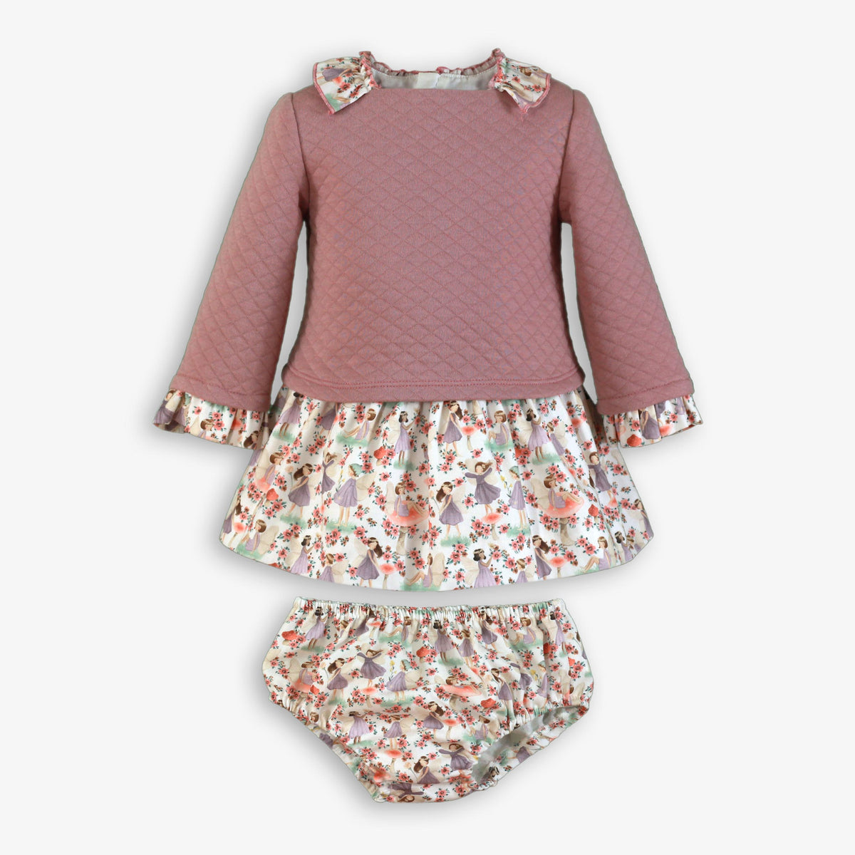 Mauve Quilted Fairy Garden Print Dress & Bloomer Set