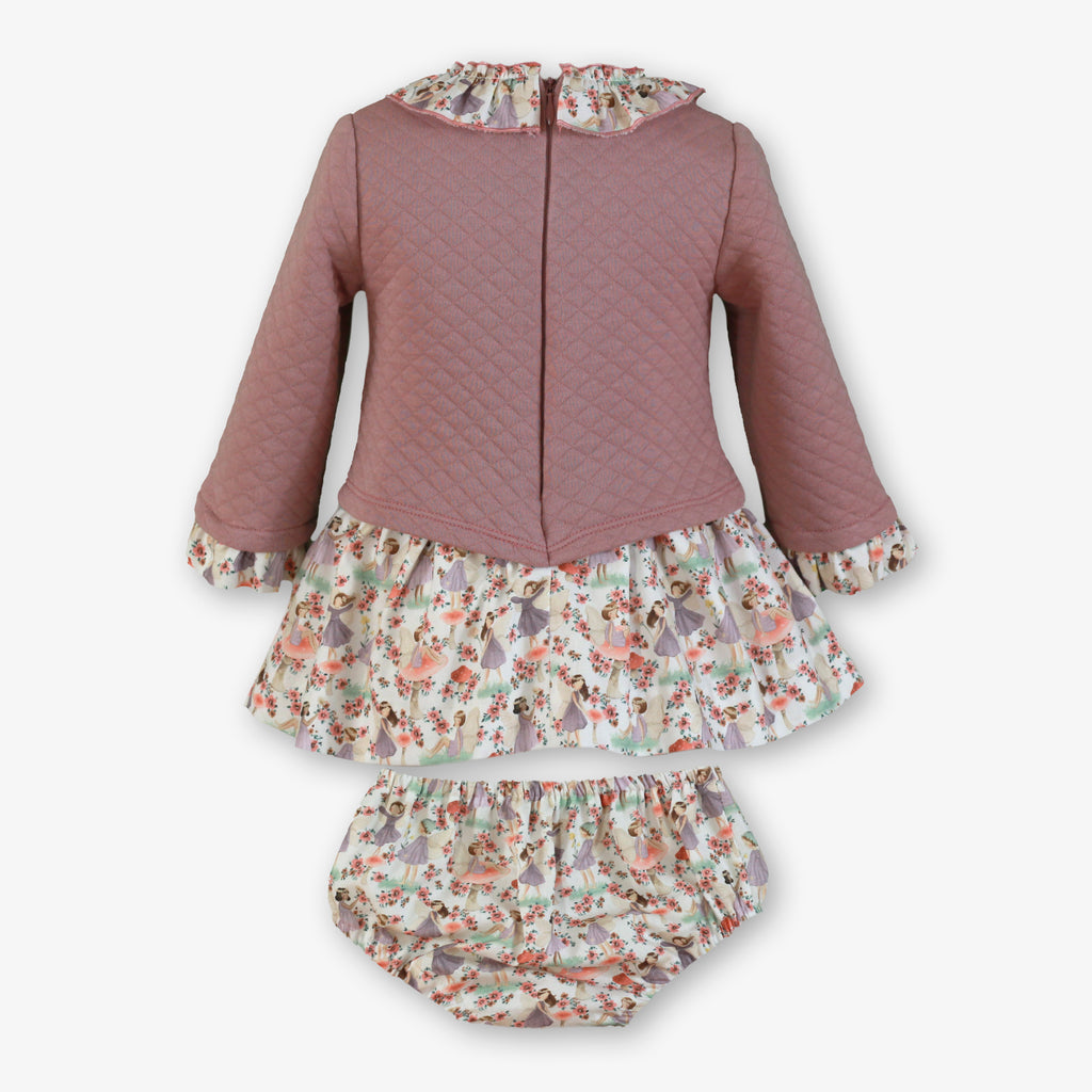 Mauve Quilted Fairy Garden Print Dress & Bloomer Set