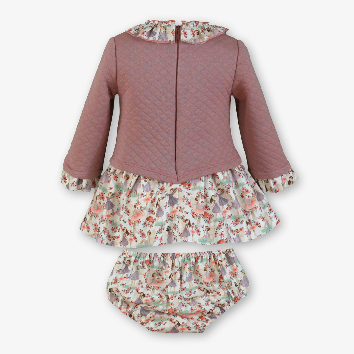 Mauve Quilted Fairy Garden Print Dress & Bloomer Set