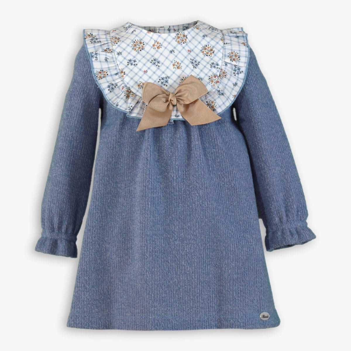Blue Knit Dress with Floral Check Bib & Tan Bow for Girls