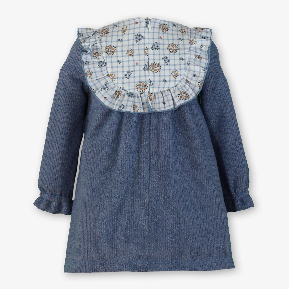 Blue Knit Dress with Floral Check Bib & Tan Bow for Girls