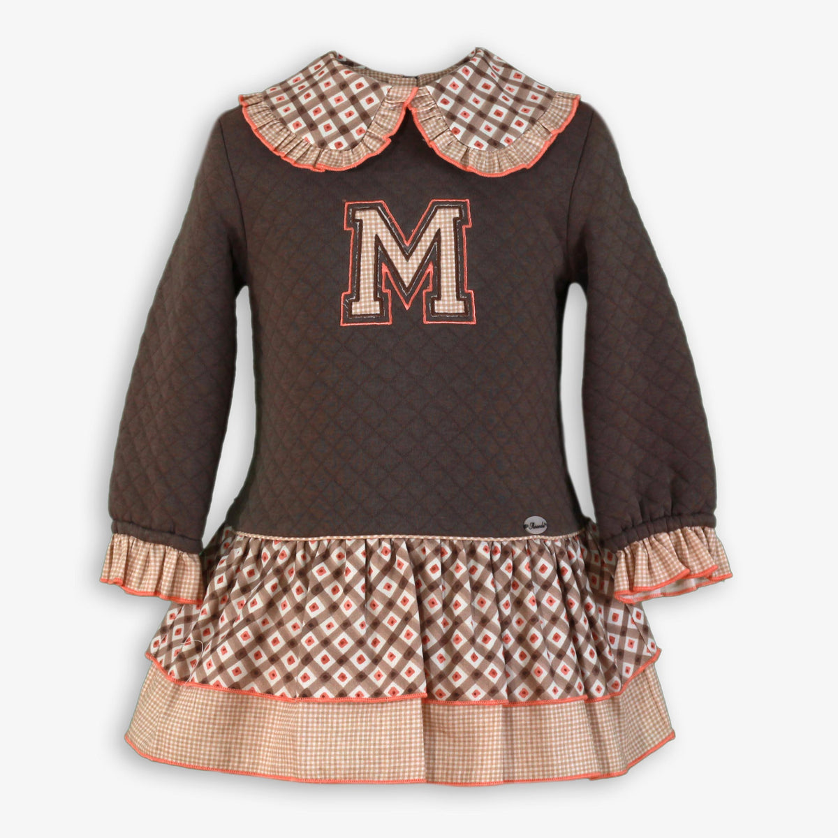 Brown Quilted Varsity M Dress with Tiered Print Skirt for Girls