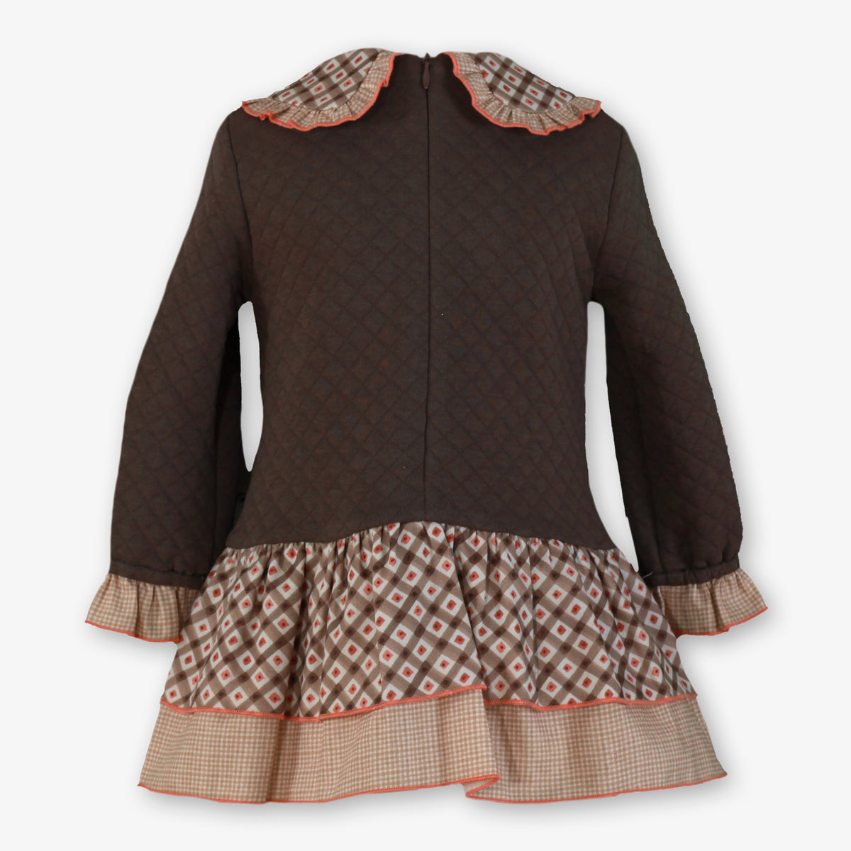 Brown Quilted Varsity M Dress with Tiered Print Skirt for Girls