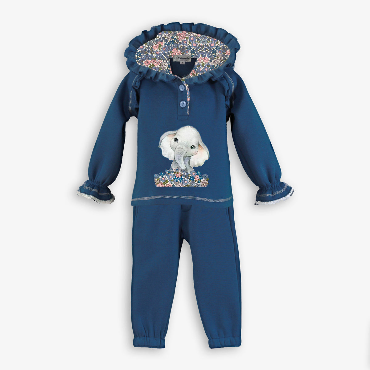Navy Elephant Ruffle Hoodie & Jogger Set for Girls