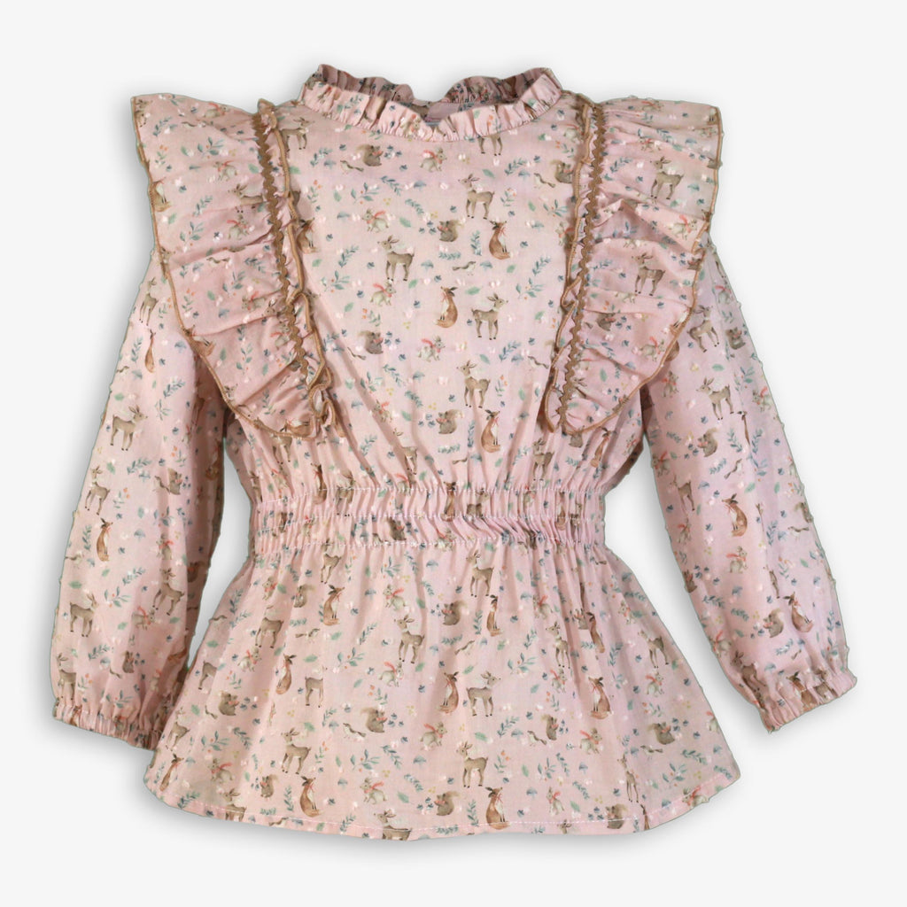 Pink Woodland Animals Ruffle Peplum Blouse for Girls
