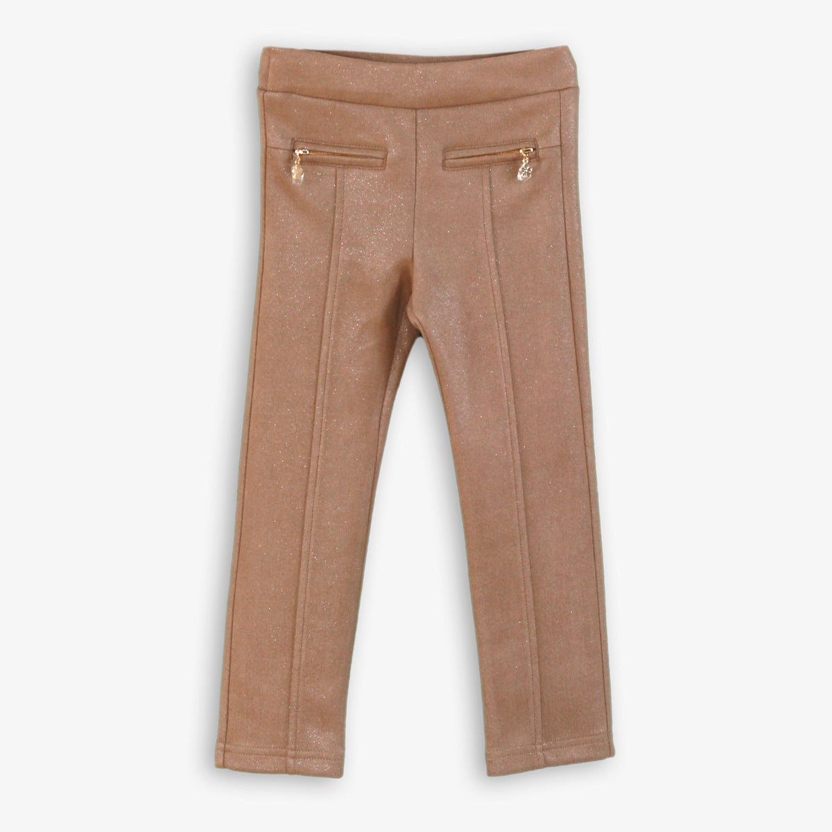 Camel Shimmer Knit Pintuck Leggings with Gold Zipper Pockets for Girls