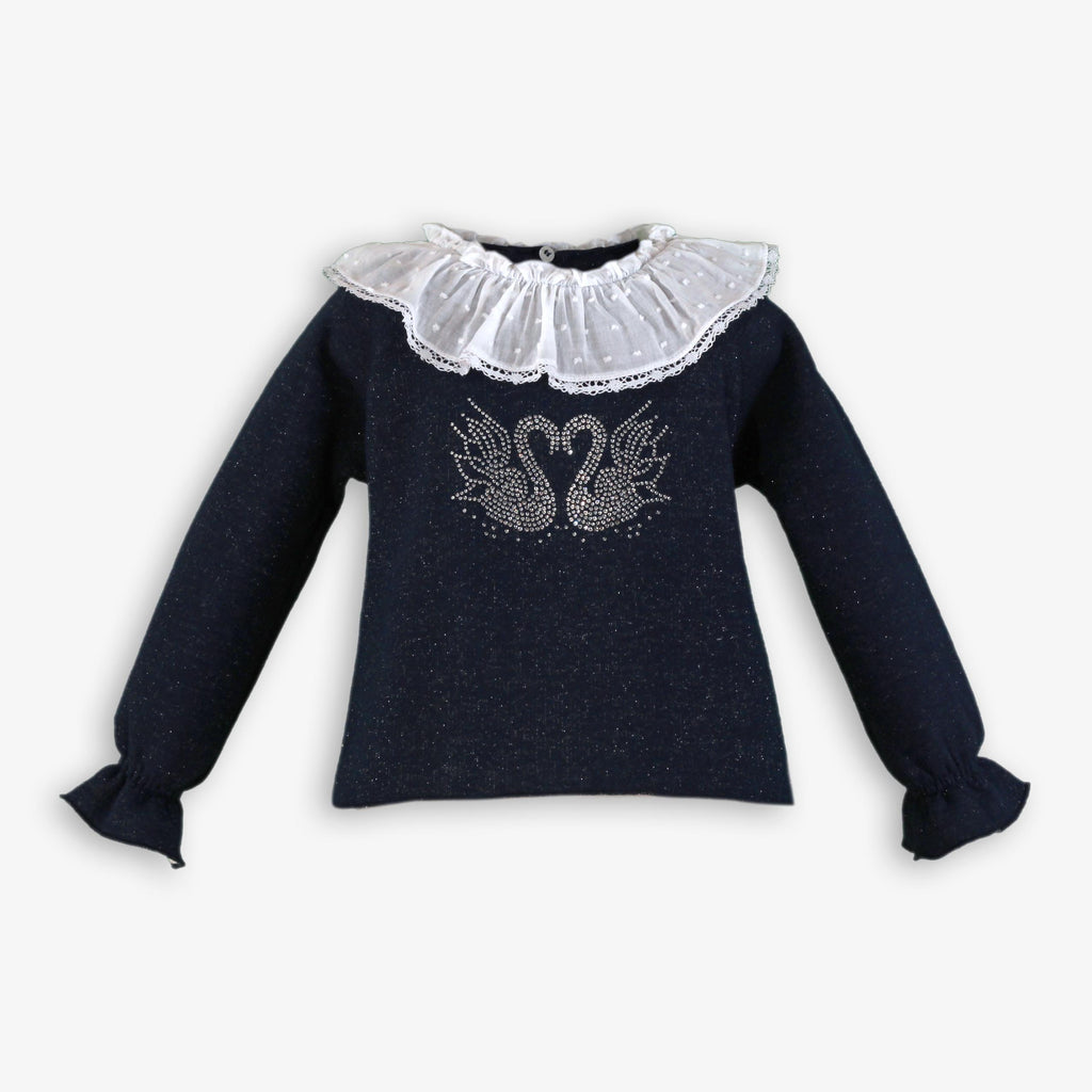 Navy Shimmer Knit Top with Rhinestone Swans & Lace Swiss Dot Collar for Girls