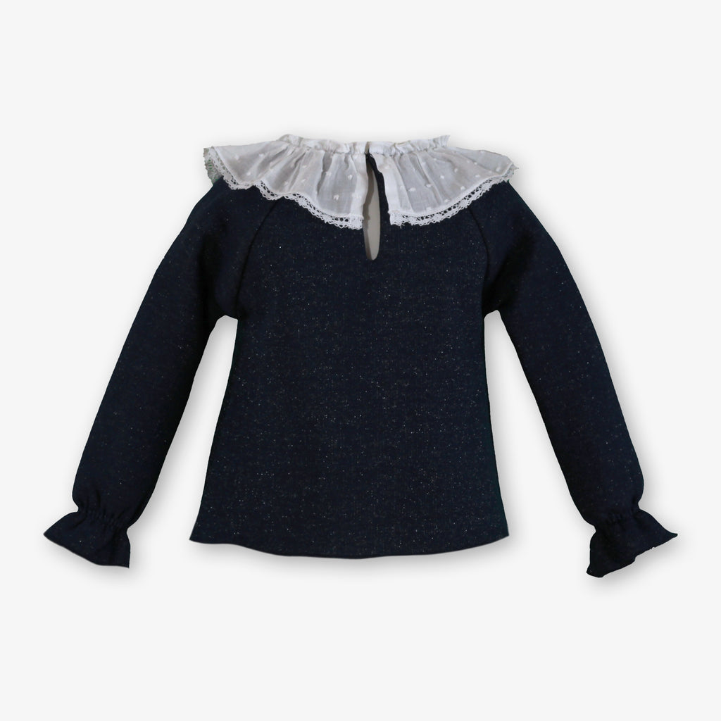 Navy Shimmer Knit Top with Rhinestone Swans & Lace Swiss Dot Collar for Girls