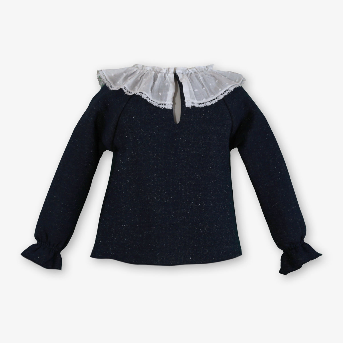 Navy Shimmer Knit Top with Rhinestone Swans & Lace Swiss Dot Collar for Girls