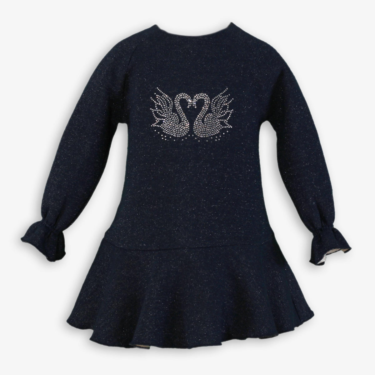 Navy Shimmer Knit Drop-Waist Dress with Rhinestone Swans for Girls