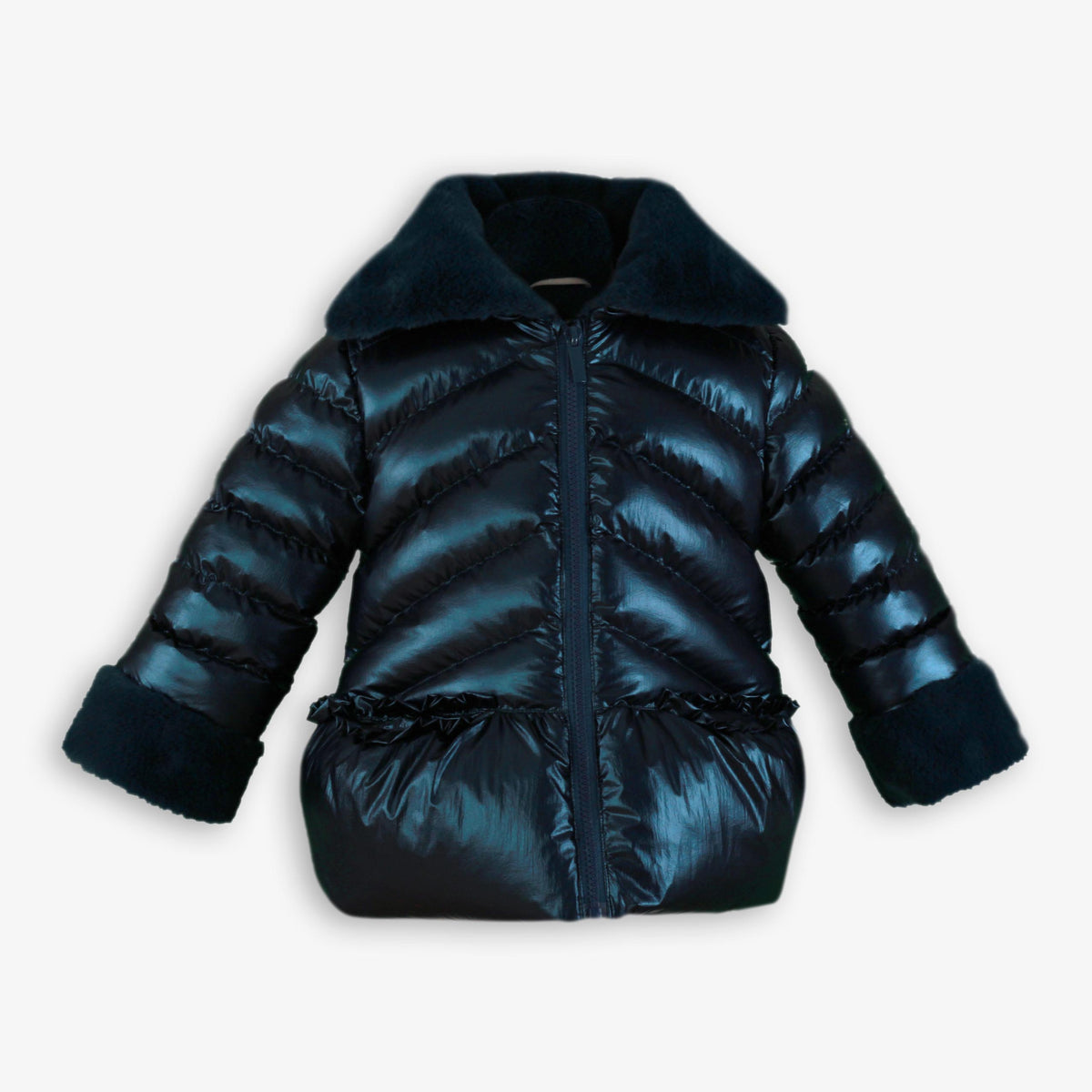 Girls Navy Glossy Puffer Jacket with Faux Fur Collar & Ruffled Hem