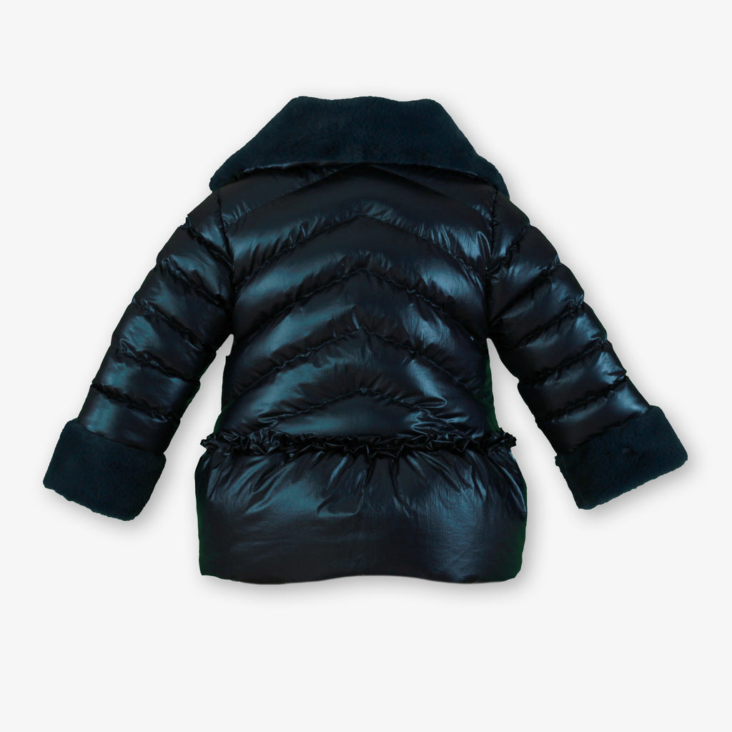 Girls Navy Glossy Puffer Jacket with Faux Fur Collar & Ruffled Hem