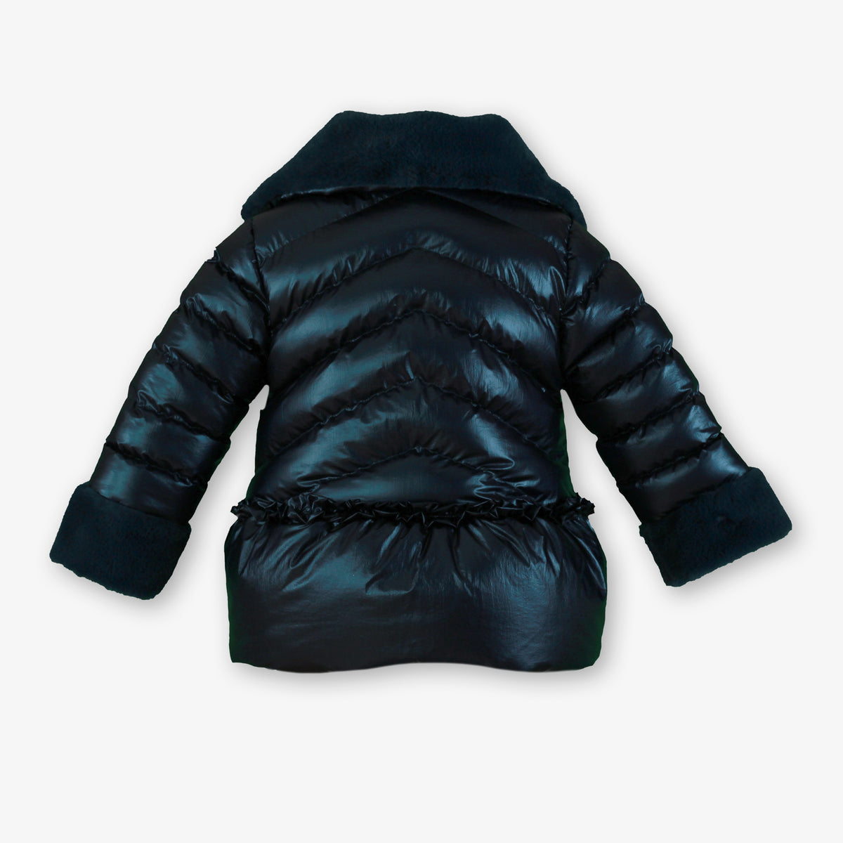 Girls Navy Glossy Puffer Jacket with Faux Fur Collar & Ruffled Hem