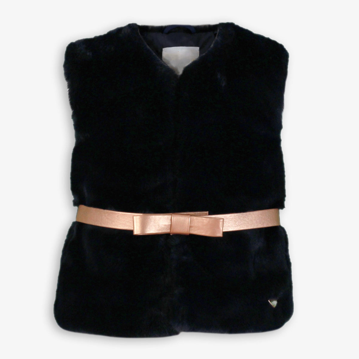 Girls Navy Faux Fur Vest with Rose Gold Metallic Bow Belt