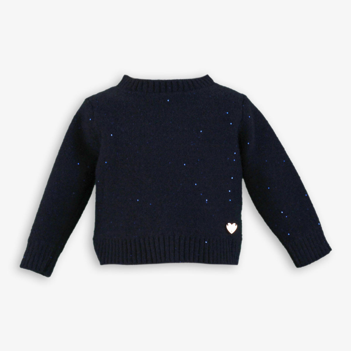 Girls Navy Sequin Knit Sweater with Metallic Gold Heart Charm