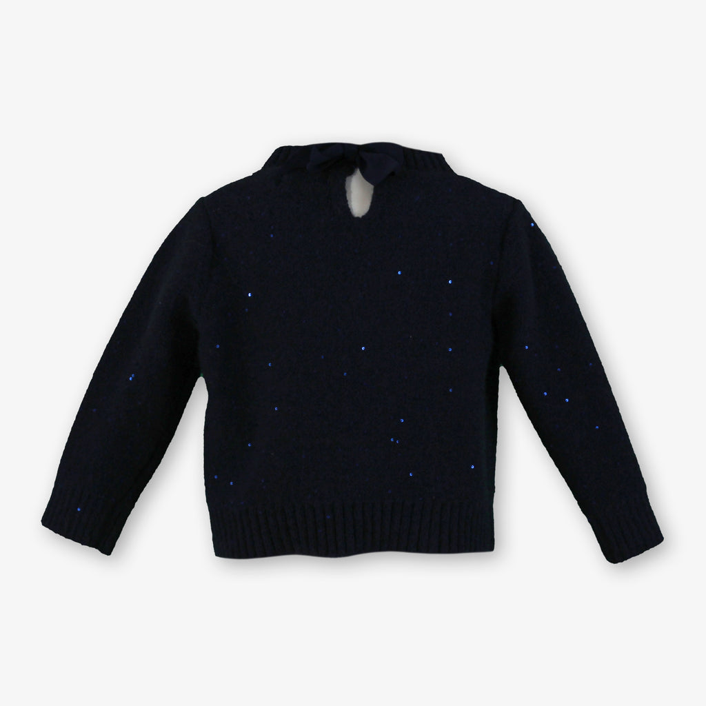 Girls Navy Sequin Knit Sweater with Metallic Gold Heart Charm
