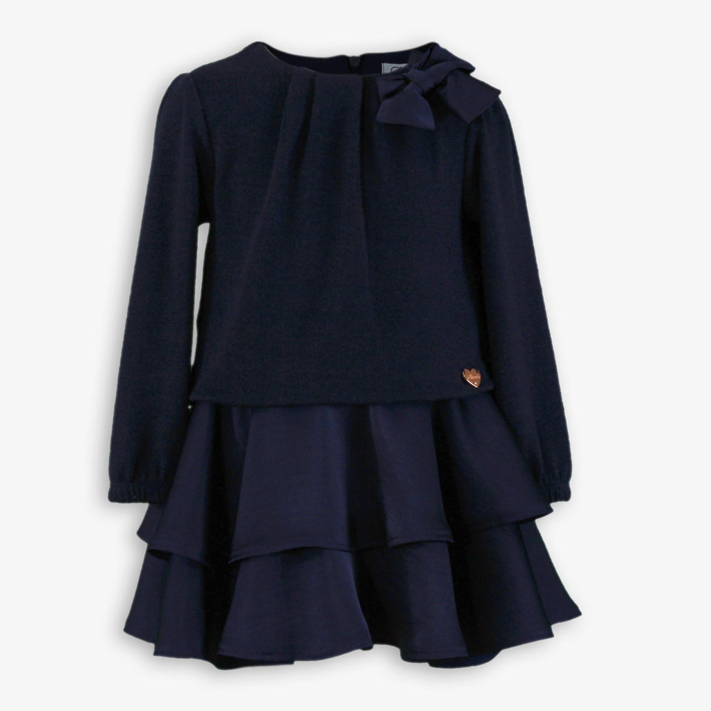 Girls Navy Knit Top Dress with Shoulder Bow & Tiered Satin Flounce Skirt