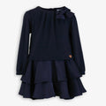 Girls Navy Knit Top Dress with Shoulder Bow & Tiered Satin Flounce Skirt
