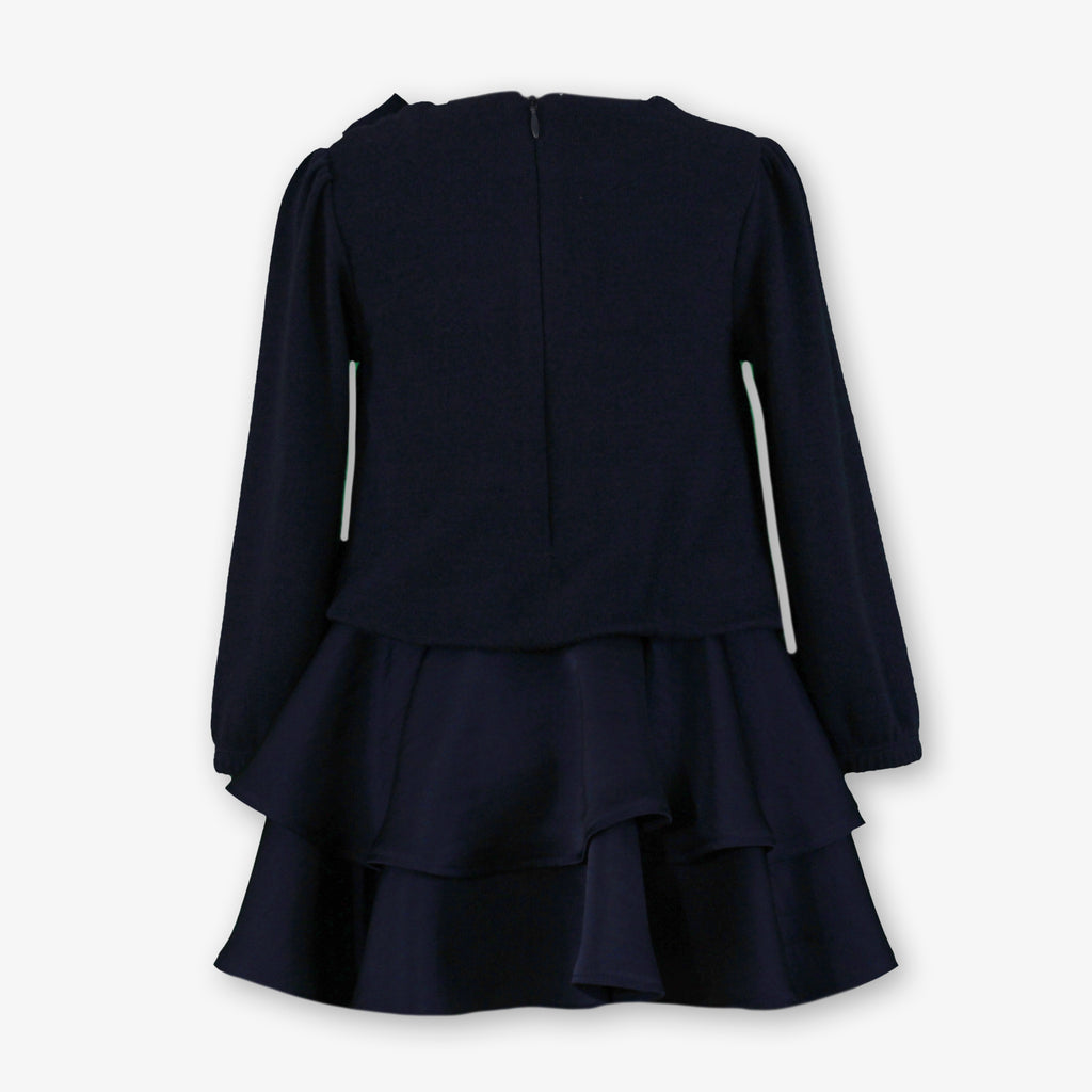Girls Navy Knit Top Dress with Shoulder Bow & Tiered Satin Flounce Skirt