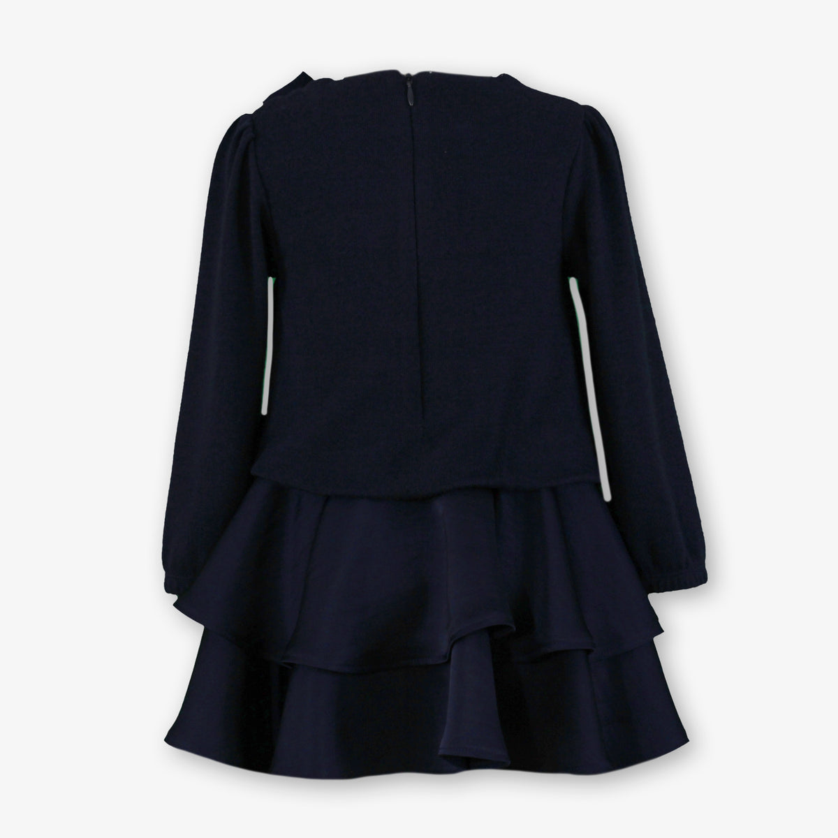 Girls Navy Knit Top Dress with Shoulder Bow & Tiered Satin Flounce Skirt