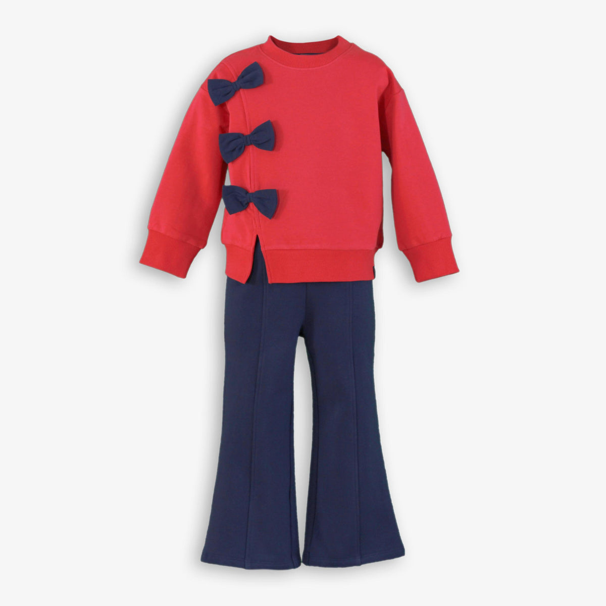 Girls Red Side-Bow Sweatshirt & Navy Pintuck Flared Trousers Set