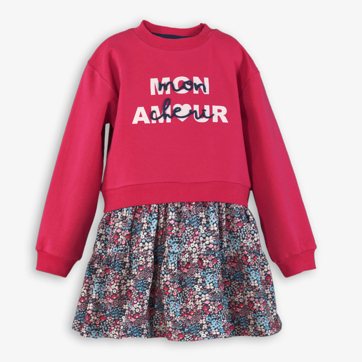 Girls Fuchsia Mon Amour Sweatshirt Dress with Floral Tiered Skirt